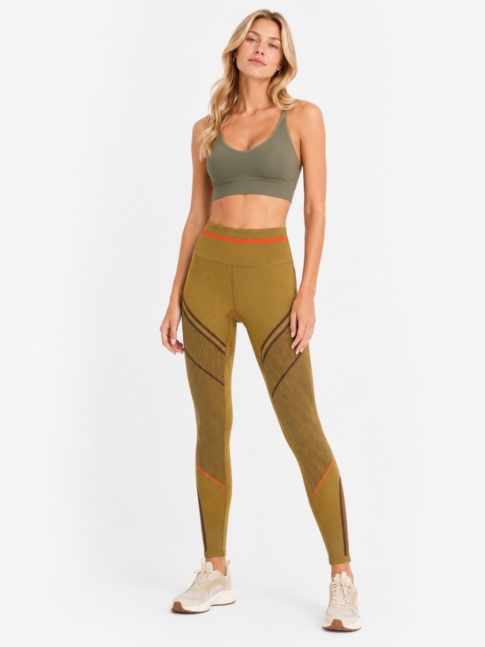 Fabletics Size S Olive Green Seam-Accent Leggings with Orange Trim